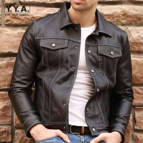 men's leather & faux fashion brand mens genuine jacket single breasted slim fit 100% real sheepskin coat retro street moto biker jacket, Black
men's leather & faux fashion brand mens genuine jacket single breasted slim fit 100% real sheepskin coat retro street moto biker jacket, Black