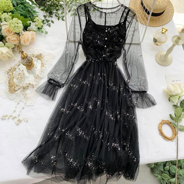 casual dresses 2021 women flare sleeve o-neck pleated mesh gauze tulle ruffles dress a-line elastic bling sequined party pullover midi, Black;gray
casual dresses 2021 women flare sleeve o-neck pleated mesh gauze tulle ruffles dress a-line elastic bling sequined party pullover midi, Black;gray