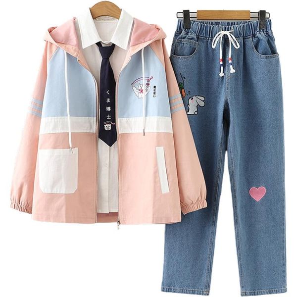 women's two piece pants 3 set women casual suits cartoon embroidery zipper jacket white tie blouse elasticity waist knee length jeans d
women's two piece pants 3 set women casual suits cartoon embroidery zipper jacket white tie blouse elasticity waist knee length jeans d