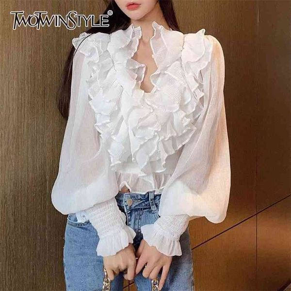 white korean shirts for women v neck puff long sleeve patchwork ruffle elegant blouses female fashion clothing 210524
white korean shirts for women v neck puff long sleeve patchwork ruffle elegant blouses female fashion clothing 210524