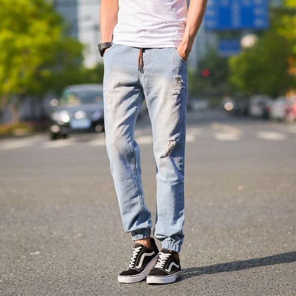 men's jeans men spring and autumn elastic band slim-fit with small feet ripped for, Blue
men's jeans men spring and autumn elastic band slim-fit with small feet ripped for, Blue