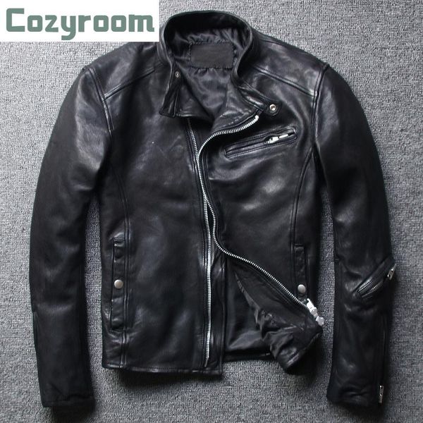 2021genuine leather jacket men's sheepskin short slim motorcycle & faux, Black
