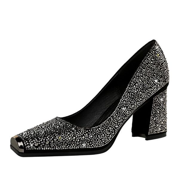 banquet thick high heel shallow metal square toe shiny rhinestone women's singles shoes dress, Black
banquet thick high heel shallow metal square toe shiny rhinestone women's singles shoes dress, Black