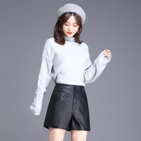 women's shorts women elastic high waist loose leather black ladies party club short pants, White;black