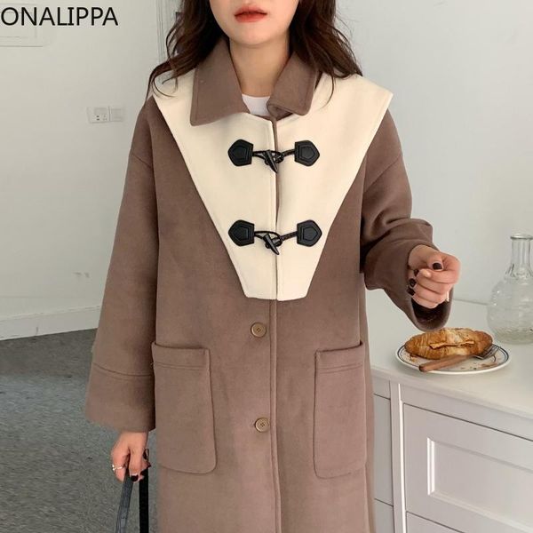 women's wool & blends onalippa 2021 woemn autumn winter retro wild lapel horn buckle hit color double pockets over the knee casual mid-, Black
women's wool & blends onalippa 2021 woemn autumn winter retro wild lapel horn buckle hit color double pockets over the knee casual mid-, Black