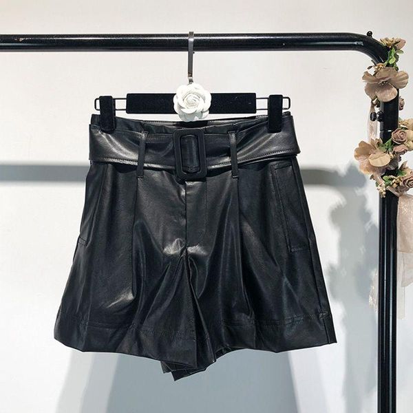 women's shorts 2021 autumn winter fashion streetwear high waist belt pu women, White;black
women's shorts 2021 autumn winter fashion streetwear high waist belt pu women, White;black
