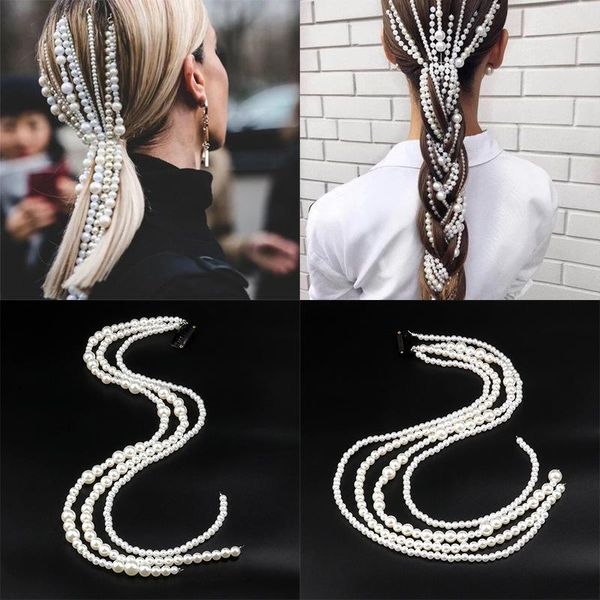 hair clips & barrettes bohemian weave pearl wedding bridal accessories fashion long tassel chain headband prom party headdress, Golden;silver