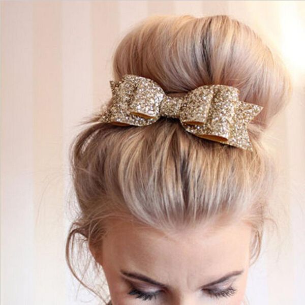 hair accessories pale gold glitter bow clip for girl and women barrettes sequin girls pin luxury hairpin, Slivery;white