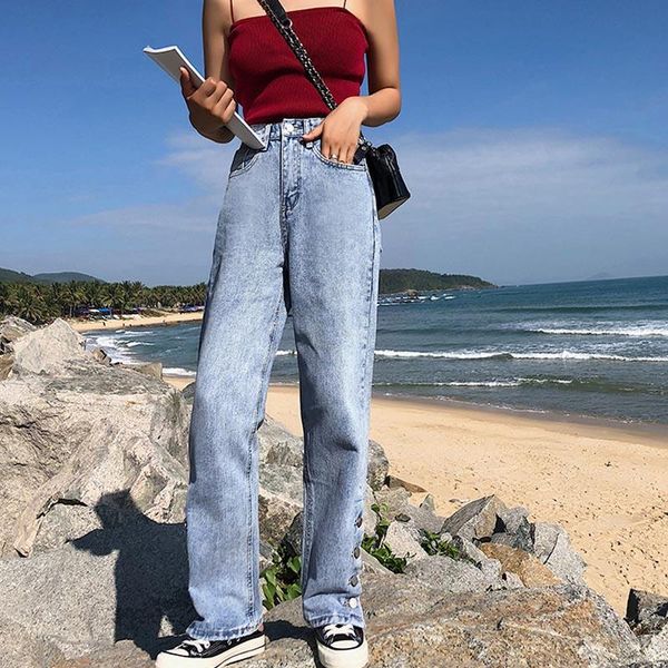 fashion women autumn jeans high waist streetwear loose pockets cotton both sides split button full length wide leg women's, Blue
fashion women autumn jeans high waist streetwear loose pockets cotton both sides split button full length wide leg women's, Blue