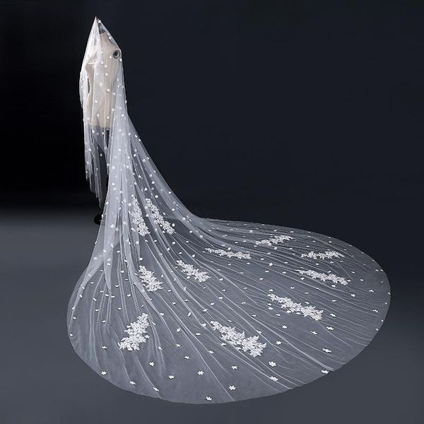 bridal veils long cathedral wedding veil one layer ivory tulle cut edge bride appliqued handmade without combs, Black