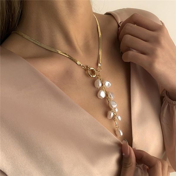 pendant necklaces imitation pearl tassel necklace for women copper flat blade snake chain choker jewelry accessories, Silver
pendant necklaces imitation pearl tassel necklace for women copper flat blade snake chain choker jewelry accessories, Silver