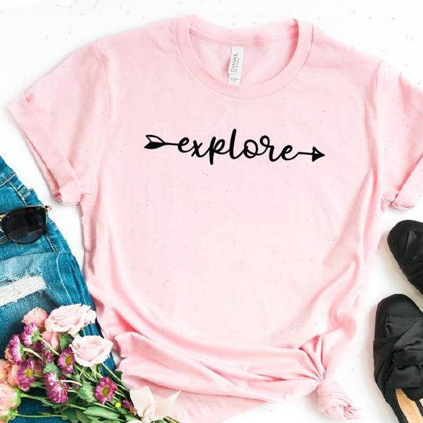 women t shirt explore shirts arrow print short sleeve o neck loose ladies causal, White
women t shirt explore shirts arrow print short sleeve o neck loose ladies causal, White