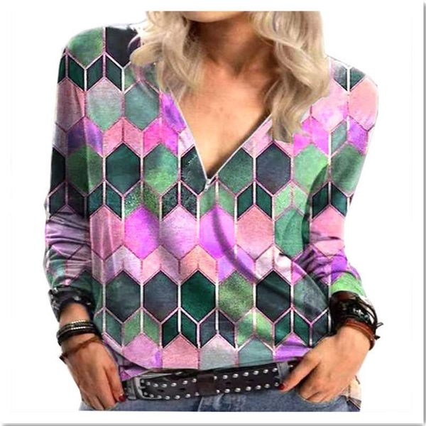 women's t-shirt geometric print v neck t shirt women spring long sleeve ladies casual fashion female, White
women's t-shirt geometric print v neck t shirt women spring long sleeve ladies casual fashion female, White