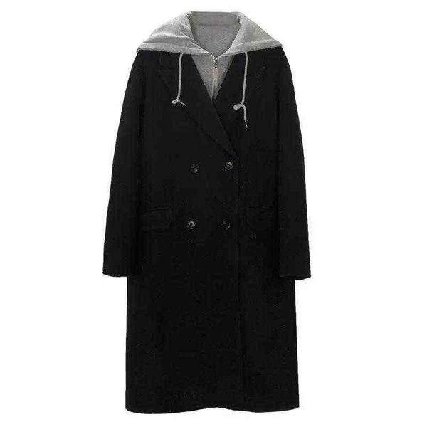 2021 winter korean fake two-piece thickened woolen coat loose medium and long splicing hooded women, Black
2021 winter korean fake two-piece thickened woolen coat loose medium and long splicing hooded women, Black