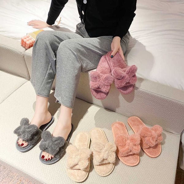 2021 new fashion bow plush slippers for women, Black