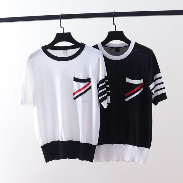 t shirt summer tb color matching round neck pocket red white blue ice silk short sleeve women's slim sweater 99
t shirt summer tb color matching round neck pocket red white blue ice silk short sleeve women's slim sweater 99