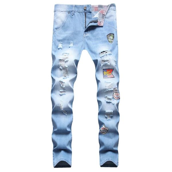 men's jeans european and american printed straight trousers, light blue with holes