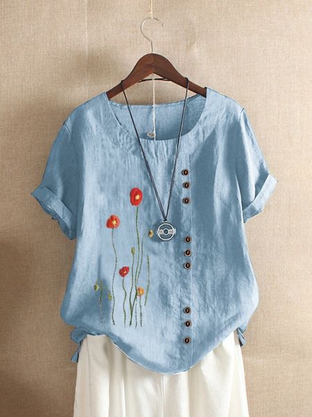 2020 spring and summer new button o-neck short sleeve flower embroidered large t-shirt, White
2020 spring and summer new button o-neck short sleeve flower embroidered large t-shirt, White