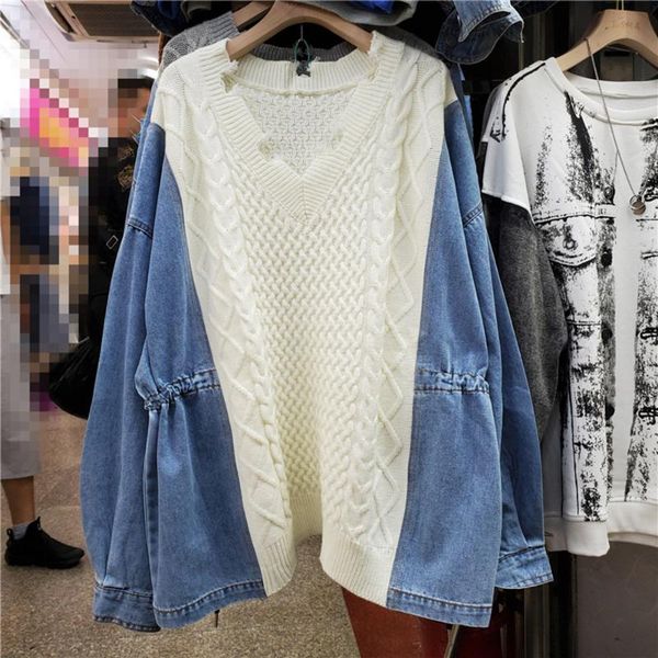 women's sweaters chic denim pacthwork sweater women korean 2021 winter knitwear jumper loose oversize v neck long sleeve female casual, White;black
women's sweaters chic denim pacthwork sweater women korean 2021 winter knitwear jumper loose oversize v neck long sleeve female casual, White;black