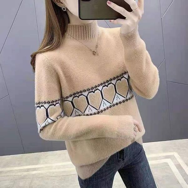 women's sweaters 2021 autumn and winter knitted women loose long-sleeved half high neck printed pullover sweater casual all-match, White;black
women's sweaters 2021 autumn and winter knitted women loose long-sleeved half high neck printed pullover sweater casual all-match, White;black