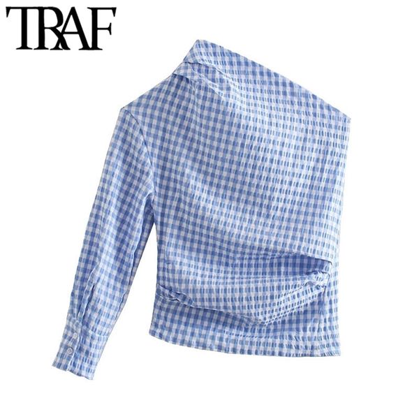 women fashion pleated asymmetry check blouses vintage one shoulder back button-up female shirts blusas chic 210507, White
women fashion pleated asymmetry check blouses vintage one shoulder back button-up female shirts blusas chic 210507, White