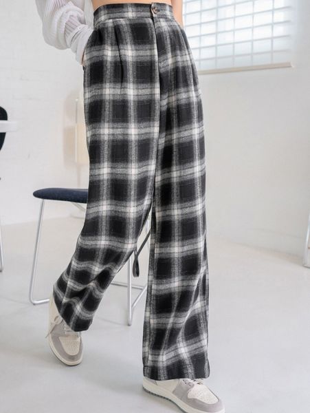 dazy plaid wide leg pants f8iz#, Black;white 
dazy plaid wide leg pants f8iz#, Black;white