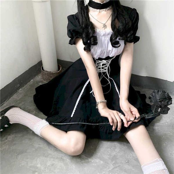dark black puff sleeve waist dress women japan soft girl cute lolita skirt gothic dark kawaii white tie 210526, Black;gray
dark black puff sleeve waist dress women japan soft girl cute lolita skirt gothic dark kawaii white tie 210526, Black;gray