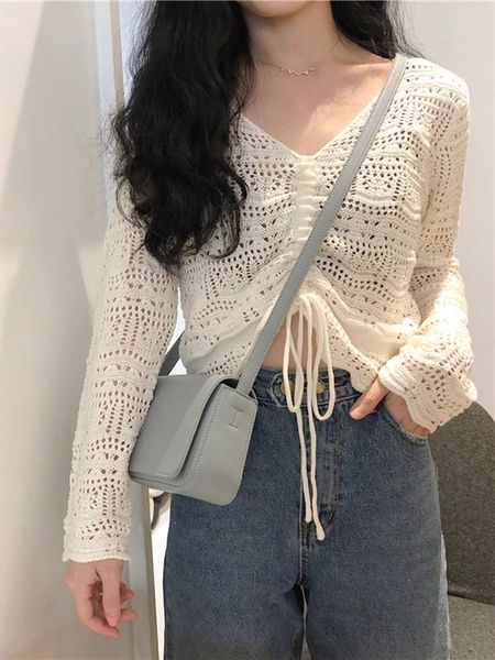 women's sweaters 2021 spring and summer temperament small fresh v collar air draw rope sweater short female women, White;black
women's sweaters 2021 spring and summer temperament small fresh v collar air draw rope sweater short female women, White;black