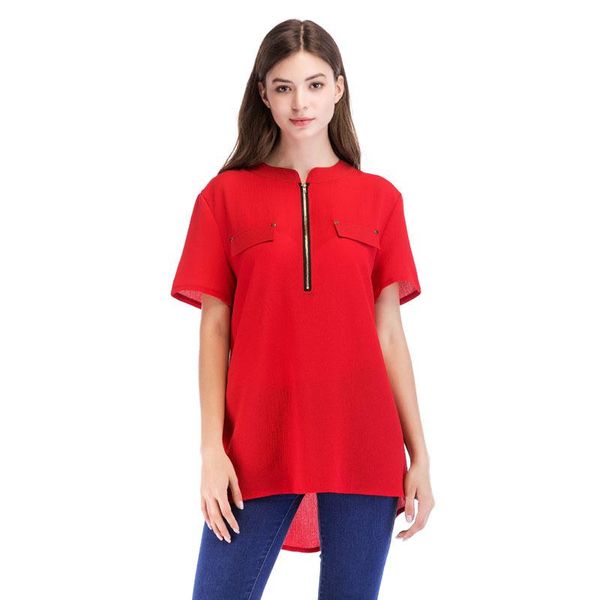 women's t-shirt fashion casual ladies solid color zipper irregular chiffon top, White
women's t-shirt fashion casual ladies solid color zipper irregular chiffon top, White