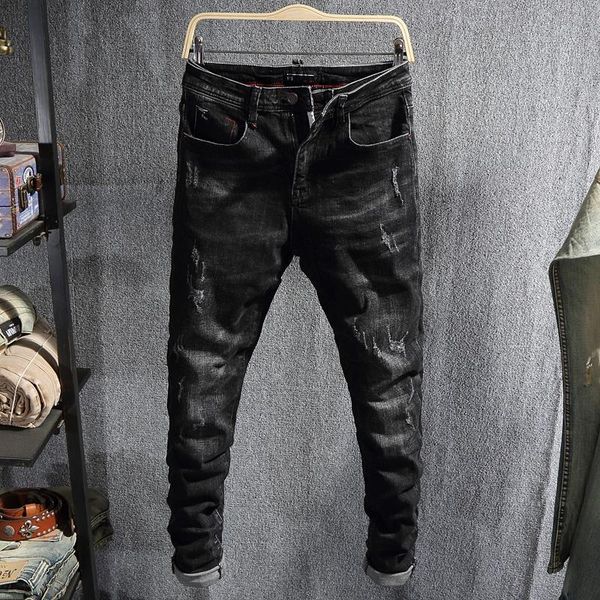 men's jeans korean style fashion men retro black elastic slim fit ripped european vintage designer casual denim pencil pants, Blue
men's jeans korean style fashion men retro black elastic slim fit ripped european vintage designer casual denim pencil pants, Blue