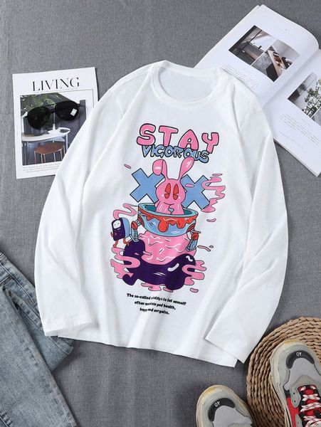 men slogan & cartoon graphic tee h7su#, White;black