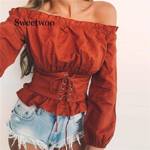 fashion women's off shoulder corset blouse lantern sleeve long shirt casual blouses & shirts, White
fashion women's off shoulder corset blouse lantern sleeve long shirt casual blouses & shirts, White