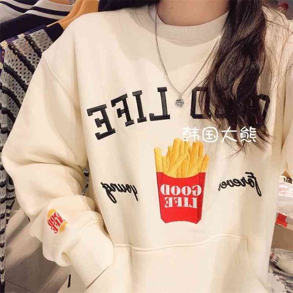women's 2021 new korean version kim tae heng xu mengjie star same loose french fries embroidered sweater men's and women's fa, Black
women's 2021 new korean version kim tae heng xu mengjie star same loose french fries embroidered sweater men's and women's fa, Black
