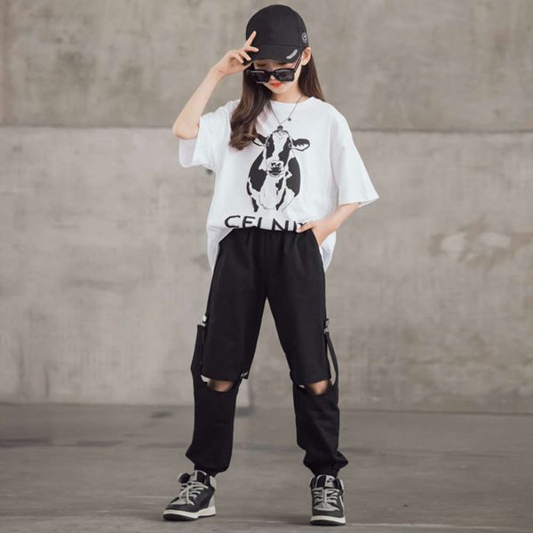 girls' suit summer style foreign medium and large children's trousers short sleeve two piece set, White
girls' suit summer style foreign medium and large children's trousers short sleeve two piece set, White
