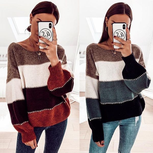 women's sweaters 2021 autumn casual long sleeve round neck knits stripe pullover sweater, White;black
women's sweaters 2021 autumn casual long sleeve round neck knits stripe pullover sweater, White;black