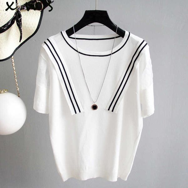korean style striped knit women sweater femme summer short sleeve pullover basic sweaters 210604, White;black
korean style striped knit women sweater femme summer short sleeve pullover basic sweaters 210604, White;black