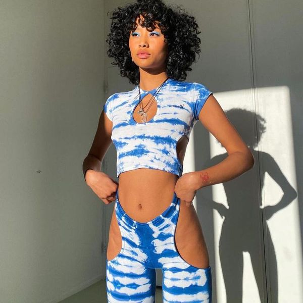 women's two piece pants tie-dye flared t-shirt style european and american ink printing hole short-sleeved trousers suit female, White 
women's two piece pants tie-dye flared t-shirt style european and american ink printing hole short-sleeved trousers suit female, White