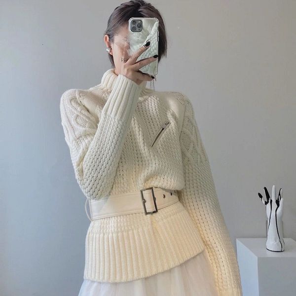 sweaters ladies niche white women's korean style loose all-match outer wear high neck belt knitted sweaters, White;black
sweaters ladies niche white women's korean style loose all-match outer wear high neck belt knitted sweaters, White;black