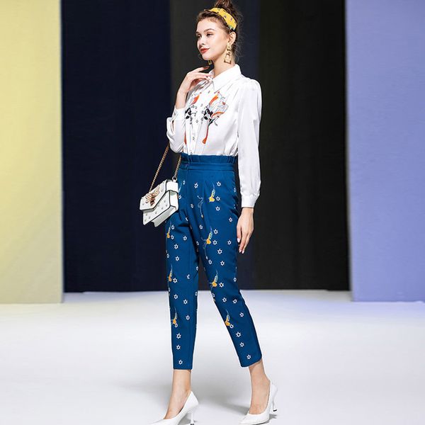 short spring fashion runway two parts women's clothing white shirt and pants high waist suit office twinset, White;black 
short spring fashion runway two parts women's clothing white shirt and pants high waist suit office twinset, White;black