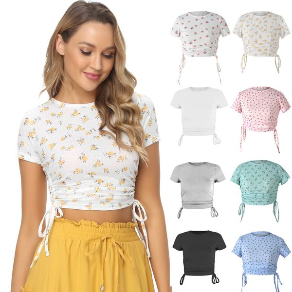 womens t shirt solid color floral print drawstring navel exposed fashion casual short sleeve t-shirt, White
womens t shirt solid color floral print drawstring navel exposed fashion casual short sleeve t-shirt, White
