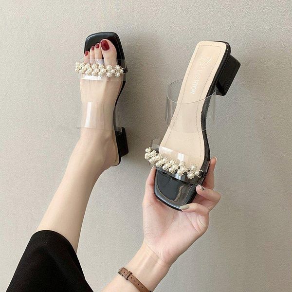transparent pvc slippers sandals women mid heel pearl summer shoes sweet thick slides zapatos mujer, Black
transparent pvc slippers sandals women mid heel pearl summer shoes sweet thick slides zapatos mujer, Black