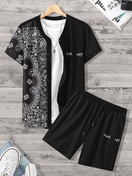 men paisley & letter graphic shirt & drawstring waist shorts without tee l04w#, Gray
men paisley & letter graphic shirt & drawstring waist shorts without tee l04w#, Gray