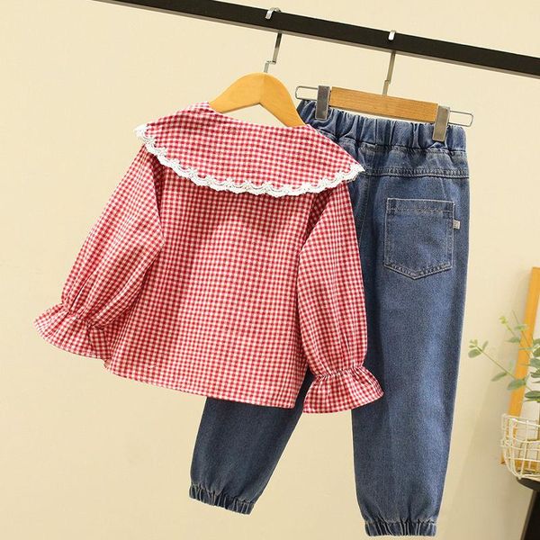 summer long sleeves clothing sets fashion girls plaid lotus leaf collar shirt + jeans 2 pcs/set children costume suit q25, White
summer long sleeves clothing sets fashion girls plaid lotus leaf collar shirt + jeans 2 pcs/set children costume suit q25, White