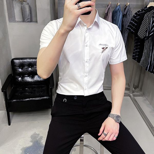 men's casual shirts embroidery short sleeve men solid color business dress shirt slim fit streetwear social party office clothing, White;black
men's casual shirts embroidery short sleeve men solid color business dress shirt slim fit streetwear social party office clothing, White;black