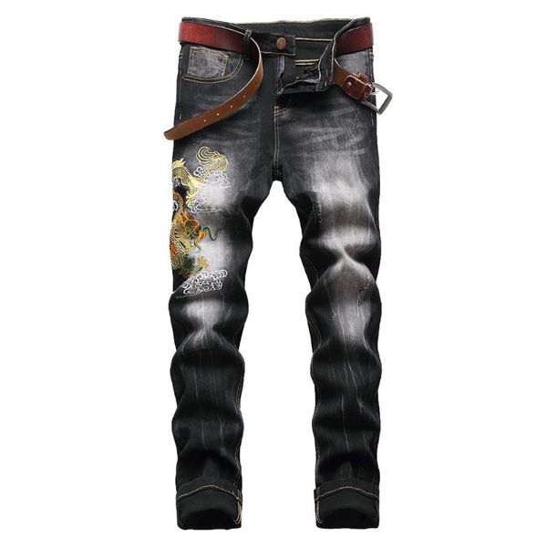 men's jeans men chinese dragon embroidery stretch streetwear black slim straight denim pants embroidered trousers, Blue
men's jeans men chinese dragon embroidery stretch streetwear black slim straight denim pants embroidered trousers, Blue