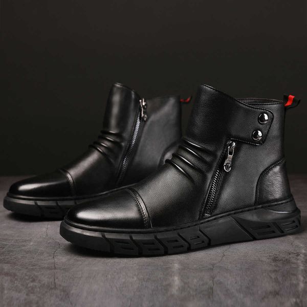 winter men's leather shoes leisure fashion round head cover foot boots 5118, Black