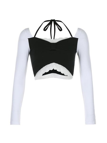 women contrast color cropped with lace slim fit long sleeve low-cut t-shirt neck strap women's, White
women contrast color cropped with lace slim fit long sleeve low-cut t-shirt neck strap women's, White