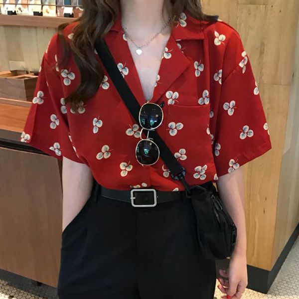 women's blouses & shirts chic summer clothing fashion trend red thin loose pockets floral print notched chiffon blouse, White
women's blouses & shirts chic summer clothing fashion trend red thin loose pockets floral print notched chiffon blouse, White
