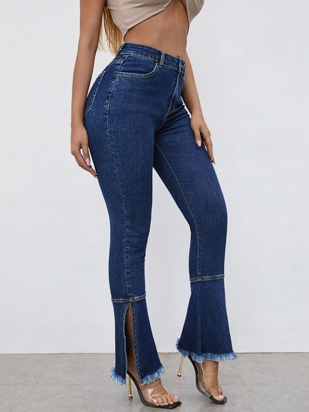 sxy high waisted raw hem split hem bootcut jeans m8gu#, Blue