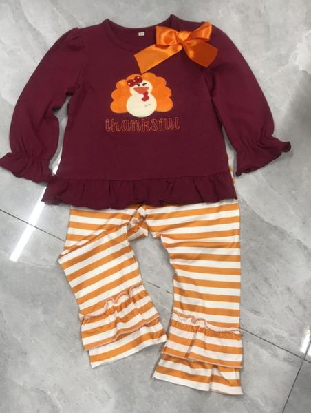clothing sets kid thanksgiving suit, long sleeve round neck striped print straight / ruffle hem trousers for party casual fall spring, White 
clothing sets kid thanksgiving suit, long sleeve round neck striped print straight / ruffle hem trousers for party casual fall spring, White